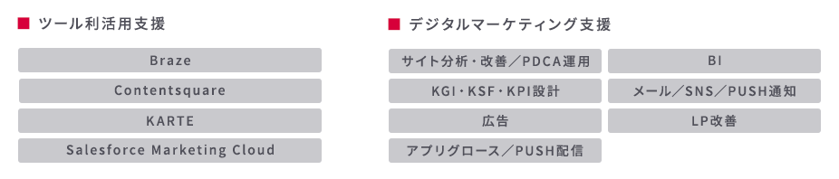 単なるツール活用支援に留まらず、デジタルマーケティング支援も含めて対応